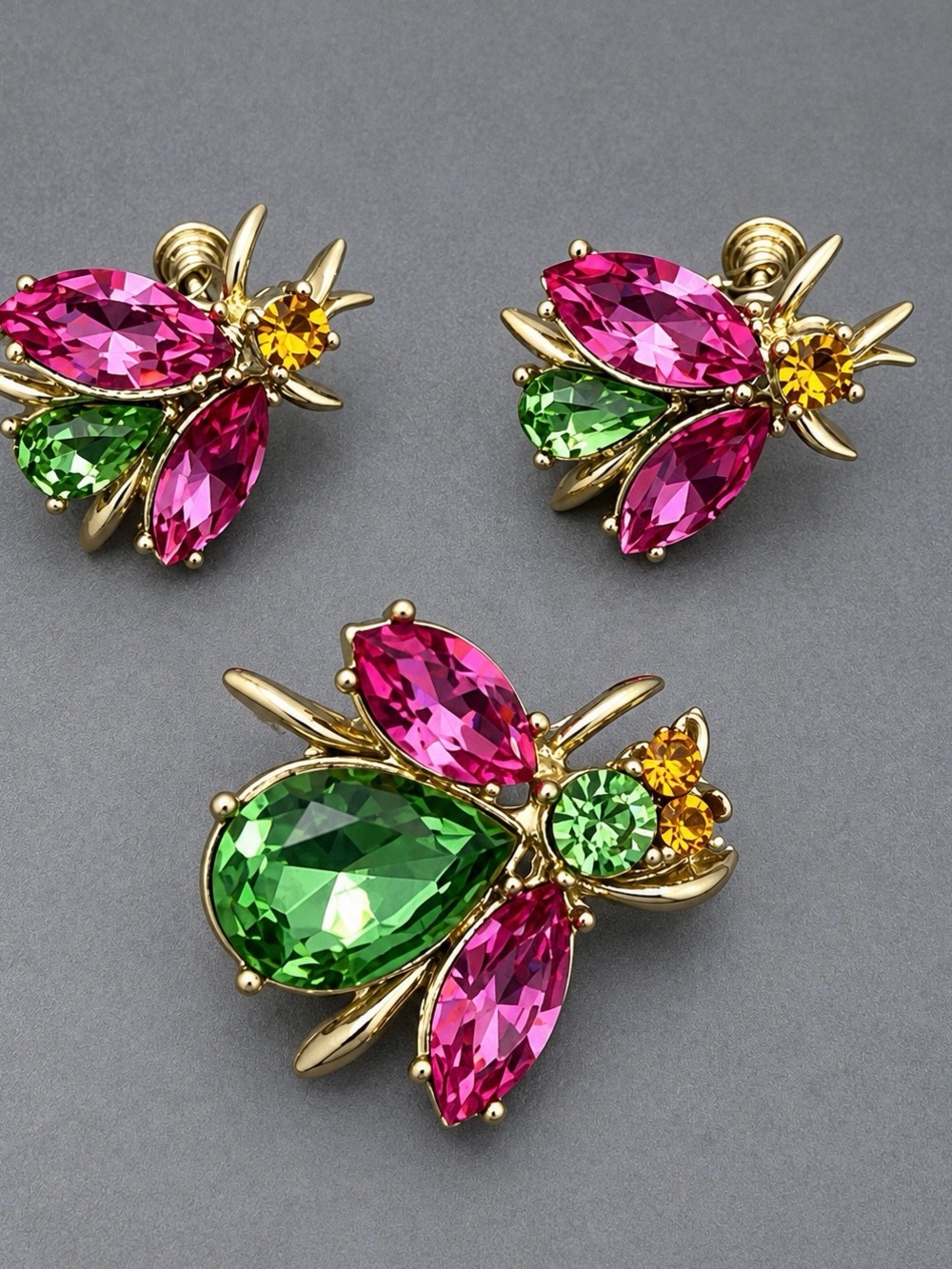 Vintage Dodds Bee Brooch and Earrings with Pink, Green & Yellow Crystals
